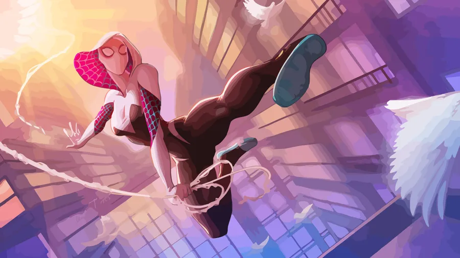 Title: A beautiful shot of Spider Gwen, swinging majestically in the golden sunshine Wallpaper, Author: hadow_luv_87, Source: https://wallpapers.com/picture/spider-gwen-pictures-z3tz0e0jqrujalux.html